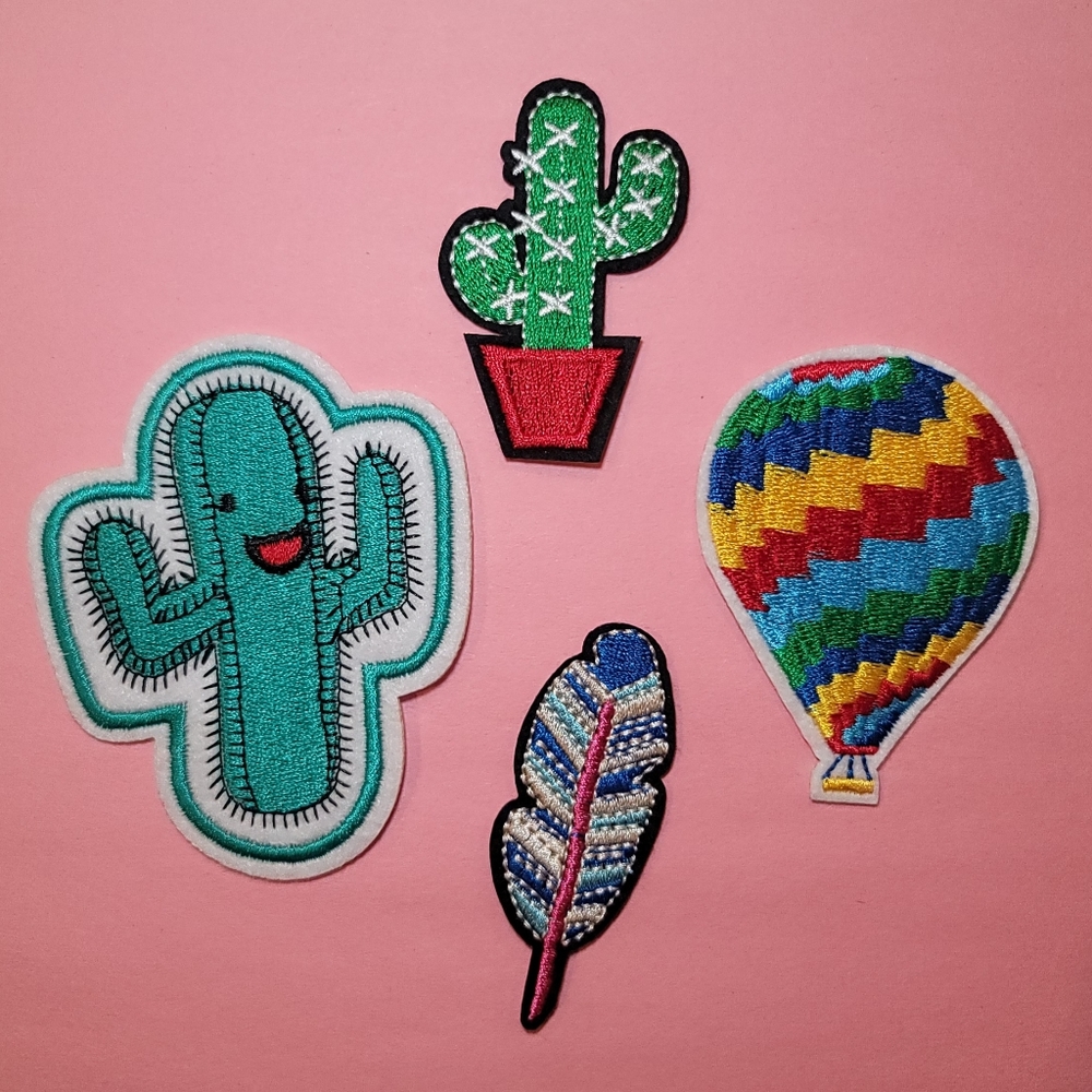 Nature Outdoors Iron-on Patch Pack Hot Air Balloon Happy Cactus Feather Applique